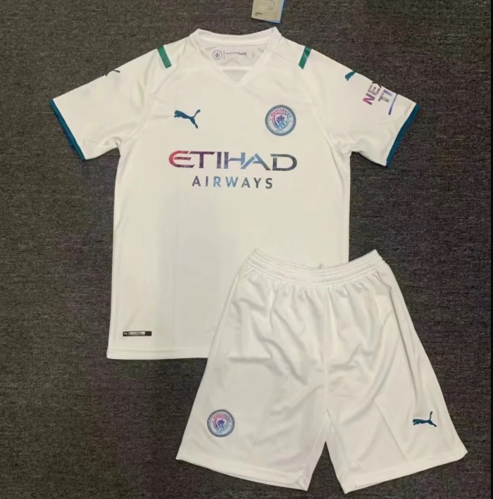 Kids-Manchester City 21/22 Away White Soccer Jersey